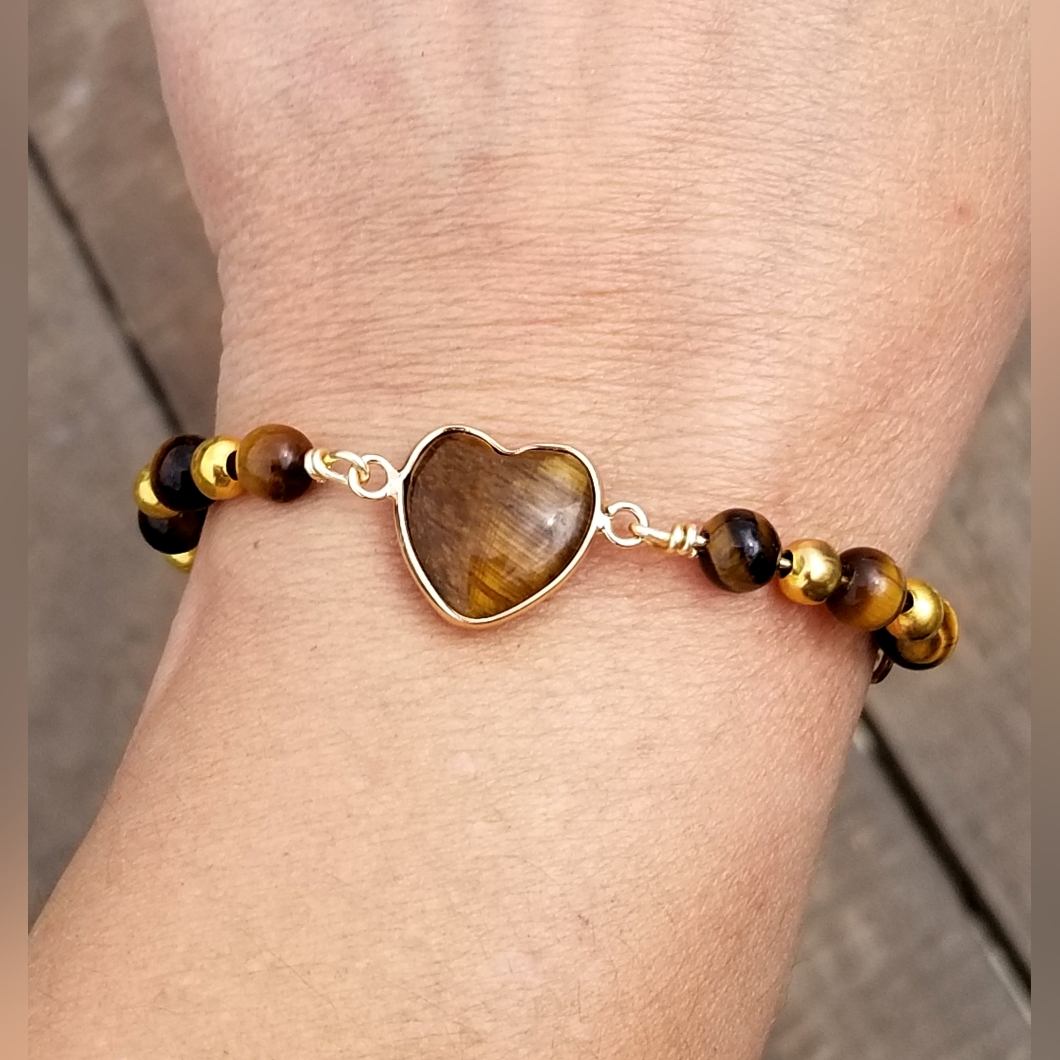 Womens Tigers Eye Bracelet Beaded Tigers Eye Bracelet Gold Heart Bracelet